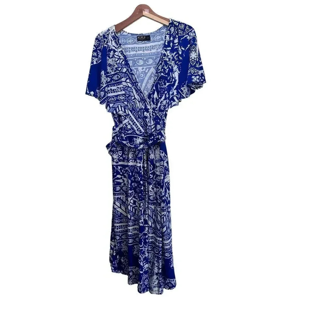 IGIGI Women's Blue and White Print Pullover Wrap Top Maxi Dress